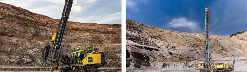Incorporating electrification and automation reduces a drill rig’s environmental impact while removing operators from hazards. Pictured: Epiroc’s SmartROC D65 battery electric (top) and Pit Viper 271 XC fully electric drill rigs (bottom).