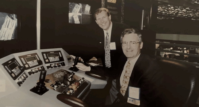 Canadian astronaut, Marc Graneau, and the author, at the Stobie Teledrill Control Station. The console was operating three drills at the Stobie Mine, Sudbury, from 600km away in Montreal at the CIM Annual Conference.