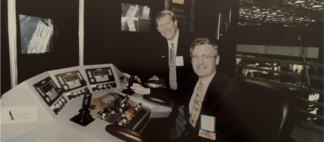 Canadian astronaut, Marc Graneau, and the author, at the Stobie Teledrill Control Station. The console was operating three drills at the Stobie Mine, Sudbury, from 600km away in Montreal at the CIM Annual Conference.