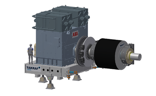 Gearless drive train with an externally excited motor, a joint development between TAKRAF Group and ABB, support bearing on the non-driven end, adjustable motor frame, membrane coupling, brake disk, and drive pulley.
