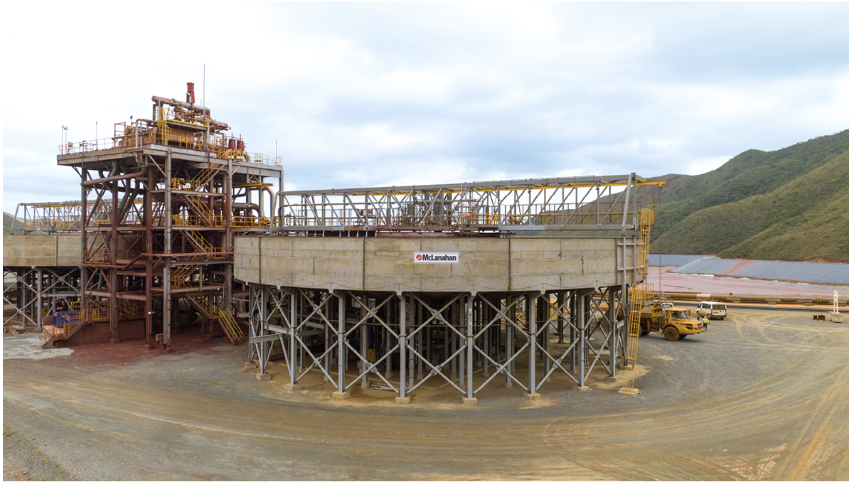 Thickeners employ chemical flocculation to separate liquid from solids. Clarified water is recovered from the overflow, while the thickened underflow is discharged for disposal or further dewatering. Pictured: A McLanahan thickener.
