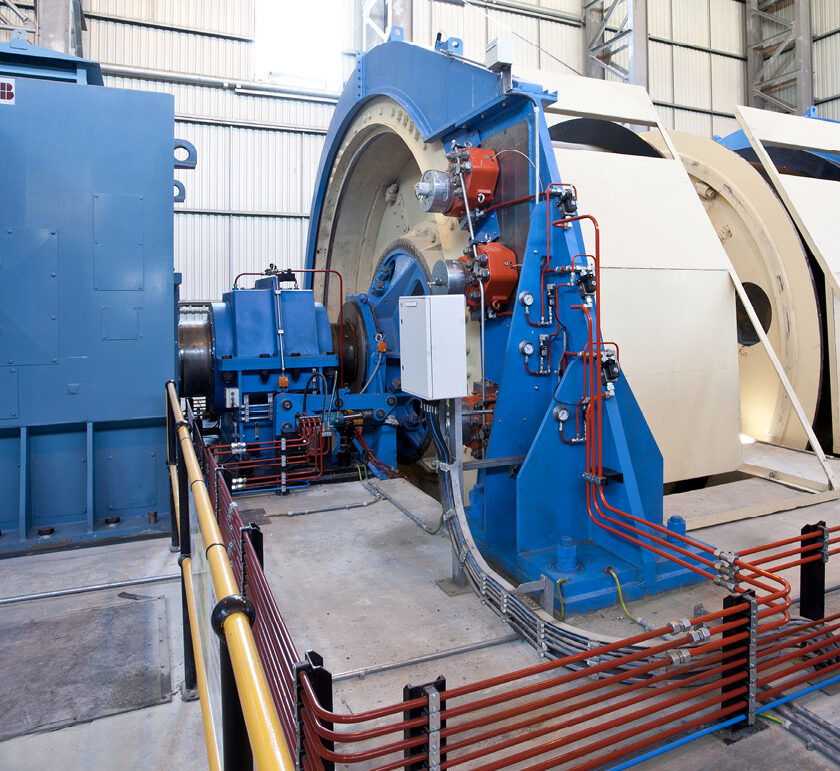 A double-drum hoist installation showing the motor, drums, and braking system. As production demands intensify, every component must sustain performance cycle after cycle. Photo: ABB
